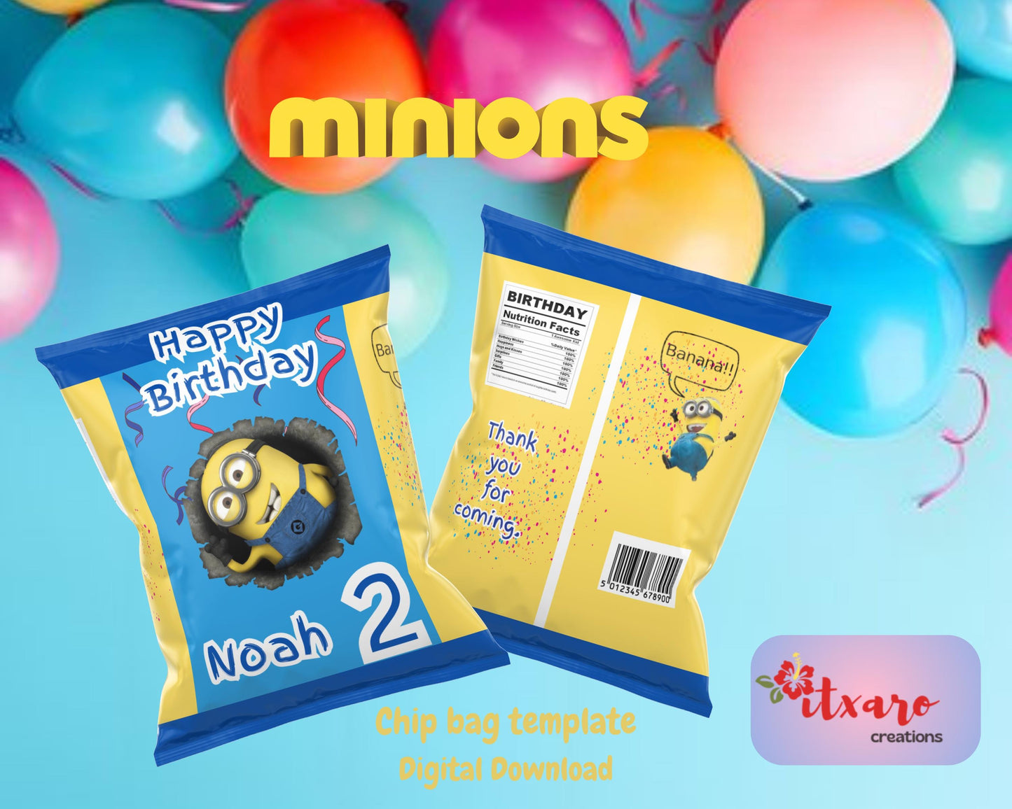 Minions Birthday Chip Bag digital download template editable
