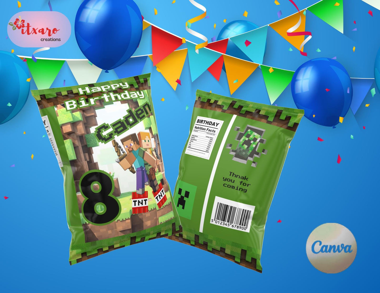 mine crafter editable chip bag for kids birthday