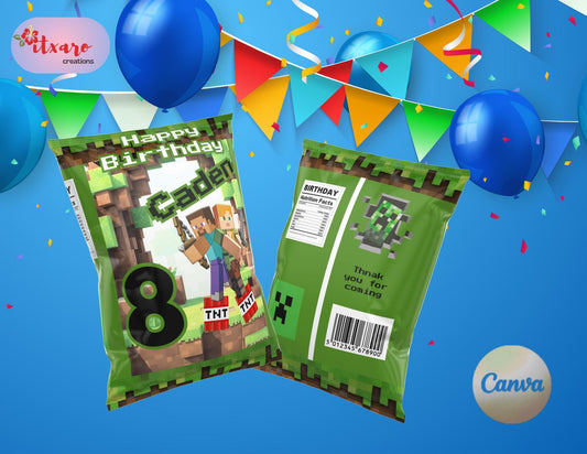 mine crafter editable chip bag for kids birthday